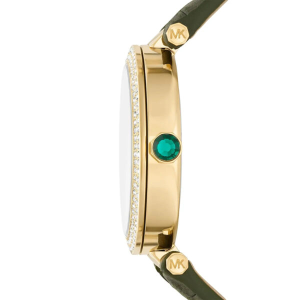 Side view of Michael Kors Parker watch showing gold case profile and green leather strap