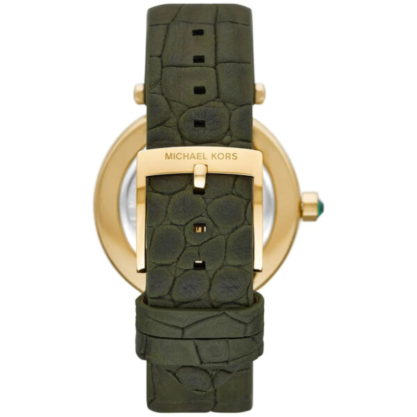 Top-down view of Michael Kors Parker watch with green leather strap and crystal bezel visible