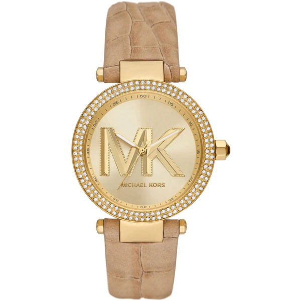 Michael Kors Parker MK4725 women's watch with gold dial, crystal-set bezel, and tan leather strap