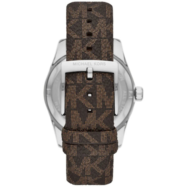Michael Kors Lexington watch angled view displaying silver case, gold bezel, and brown signature pattern strap