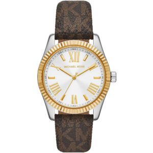 Michael Kors Lexington women's watch with silver dial, two-tone silver and gold bezel, roman numerals, brown signature leather strap