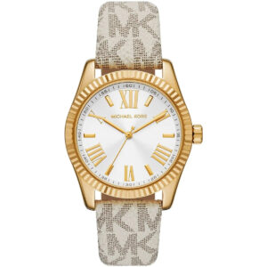 Michael Kors Lexington women's watch with white dial, gold-tone case, Roman numerals, and grey patterned leather strap
