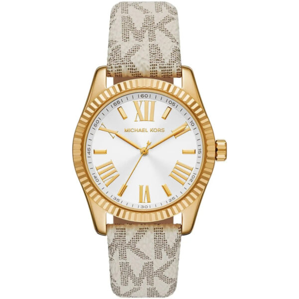 Michael Kors Lexington women's watch with white dial, gold-tone case, Roman numerals, and grey patterned leather strap
