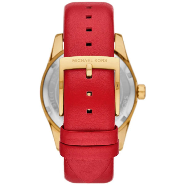 Back view of Michael Kors Lexington watch with red leather strap and gold buckle