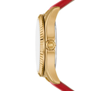 Side view of Michael Kors Lexington watch showing gold case and red leather strap