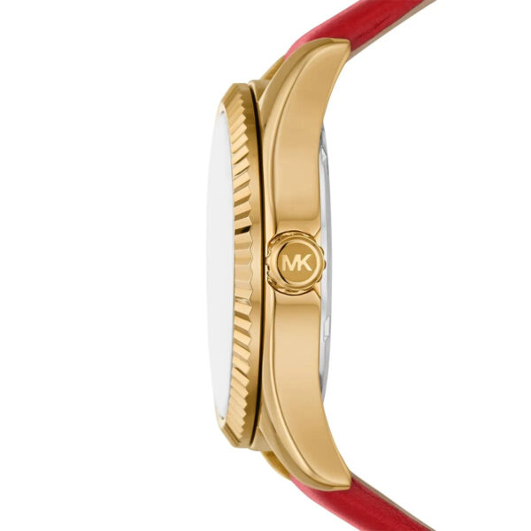 Side view of Michael Kors Lexington watch showing gold case and red leather strap