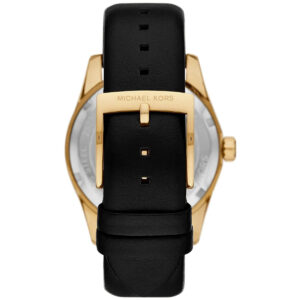 Back view of Michael Kors Lexington watch case and black leather strap with deployment clasp