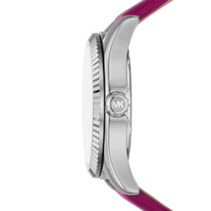 Michael Kors Lexington watch profile view of silver-tone case and pink leather strap