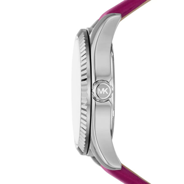 Michael Kors Lexington watch profile view of silver-tone case and pink leather strap