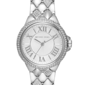 Michael Kors Mini Camille silver-tone watch with pavé dial, crystal-set bezel, and quilted strap