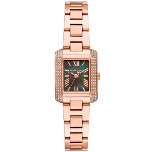 Michael Kors Mini Emery rectangular watch with rose gold case, pavé bezel, green mother-of-pearl dial and rose gold bracelet