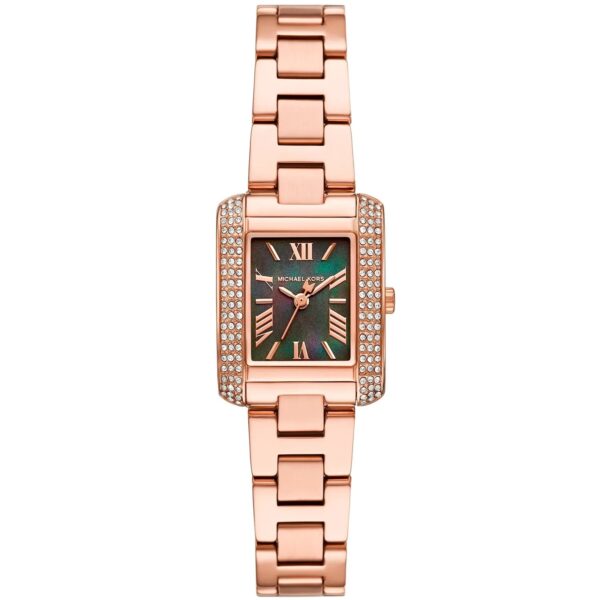 Michael Kors Mini Emery rectangular watch with rose gold case, pavé bezel, green mother-of-pearl dial and rose gold bracelet