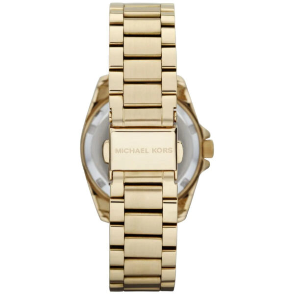 Michael Kors Blair watch caseback with engraved logo and gold stainless steel link bracelet