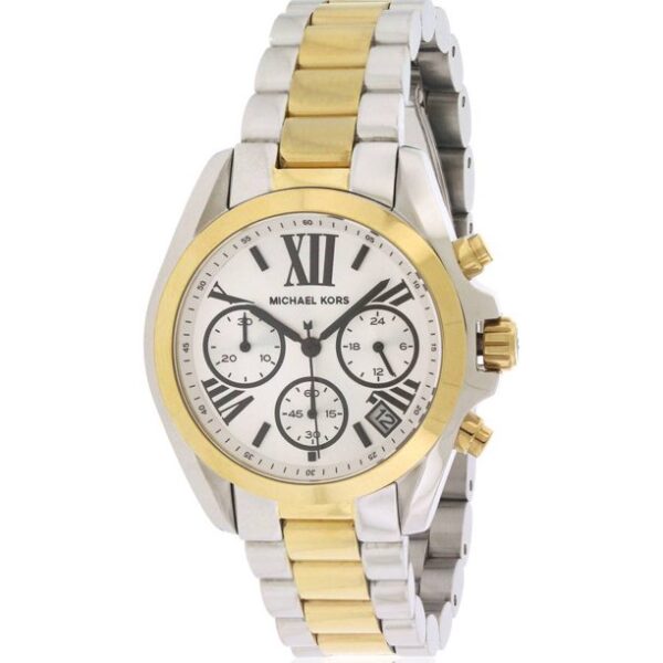 Michael Kors Bradshaw chronograph ladies watch with silver dial, Roman numerals, and two-tone bracelet