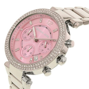 Parker watch angled view showing pink dial, chronograph subdials, and silver bracelet