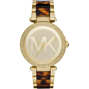 Michael Kors Parker women's watch with gold case, crystal-set bezel, cream dial with MK logo, and tortoise acetate strap