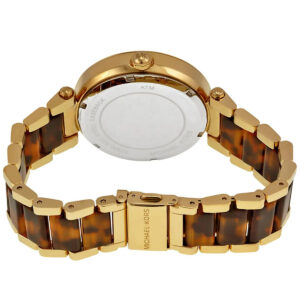 Michael Kors Parker watch strap detail showing gold and tortoise acetate two-tone bracelet with fold-over clasp
