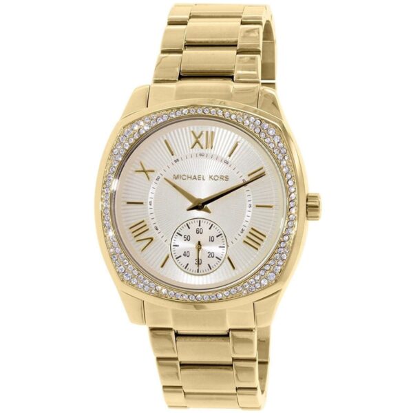 Michael Kors Bryn gold watch angled view showing dial and bracelet detail