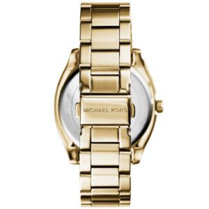 Michael Kors Bryn gold watch caseback showing metal bracelet clasp