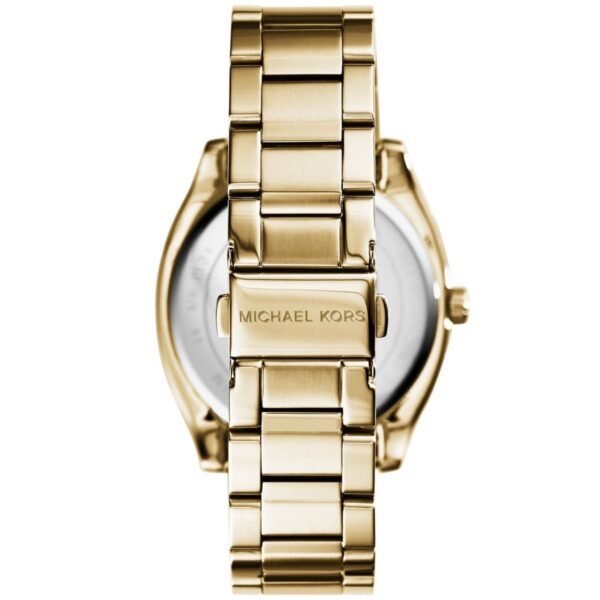 Michael Kors Bryn gold watch caseback showing metal bracelet clasp