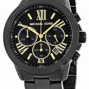 Michael Kors Brecken black stainless steel chronograph watch with gold Roman numerals and three subdials
