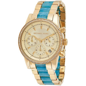 Michael Kors Ritz watch showing full strap design with blue and gold alternating links