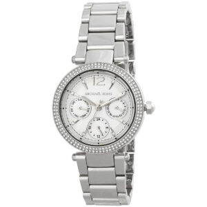 Michael Kors Parker Mini watch featuring white multifunction dial with three subdials
