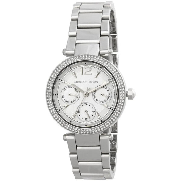 Michael Kors Parker Mini watch featuring white multifunction dial with three subdials