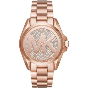 Michael Kors Bradshaw watch with rose gold dial featuring pavé crystal MK logo and matching rose gold bracelet