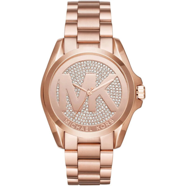 Michael Kors Bradshaw watch with rose gold dial featuring pavé crystal MK logo and matching rose gold bracelet