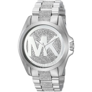 Michael Kors Bradshaw MK6486 three-quarter view showing MK logo dial and crystal strap detail
