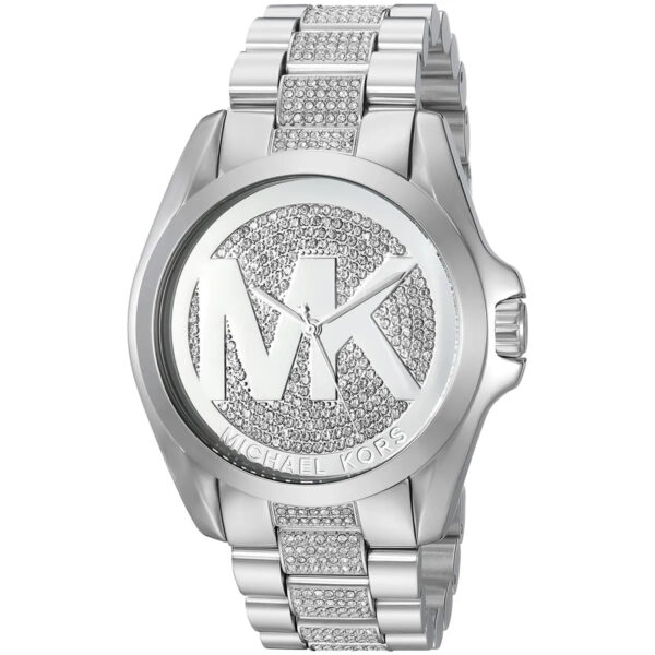 Michael Kors Bradshaw MK6486 three-quarter view showing MK logo dial and crystal strap detail