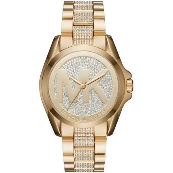 Michael Kors Bradshaw gold women's watch with crystal-paved silver dial and MK logo