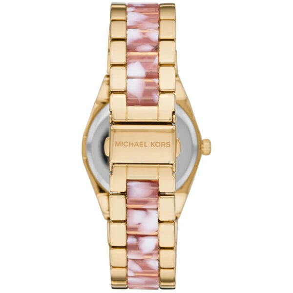Michael Kors Ritz MK6650 watch caseback with gold-tone finish and tortoise acetate strap