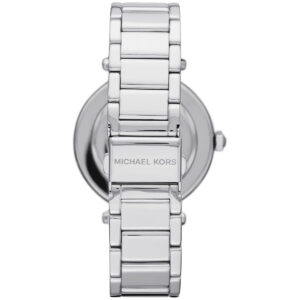 Caseback view of Michael Kors Parker watch with brand name engraved on silver-tone case