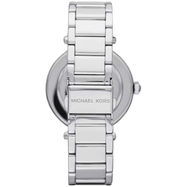 Caseback view of Michael Kors Parker watch with brand name engraved on silver-tone case