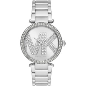 Michael Kors Parker silver-tone women's watch with crystal-paved MK logo on dial and bezel