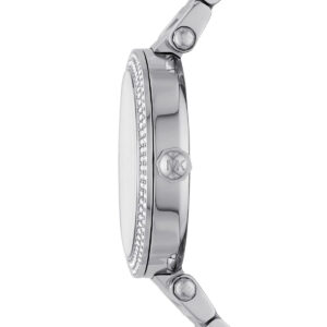 Side view of Michael Kors Parker watch showing stainless steel bracelet and crystal bezel