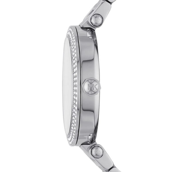 Side view of Michael Kors Parker watch showing stainless steel bracelet and crystal bezel