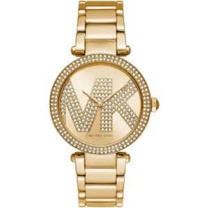 Michael Kors Parker gold-tone women's watch with crystal-embellished MK logo dial and matching bracelet