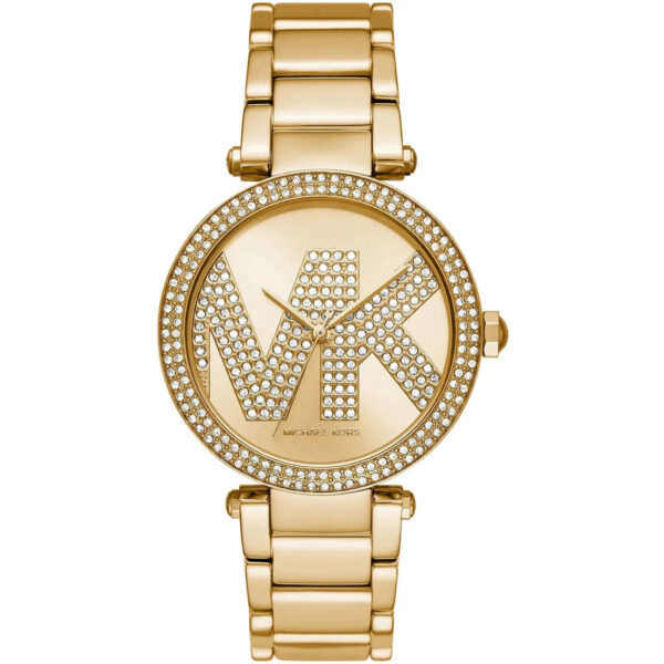 Michael Kors Parker gold-tone women's watch with crystal-embellished MK logo dial and matching bracelet