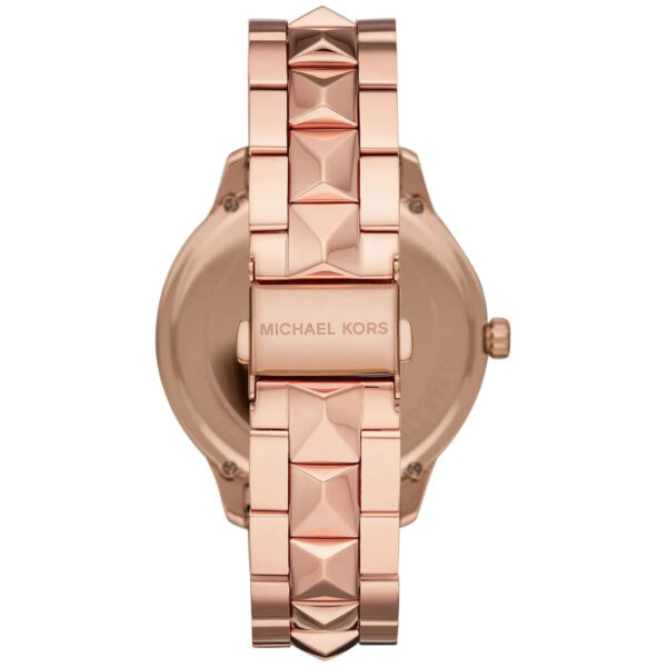Back of MK6736 Runway Mercer watch with Michael Kors engraving and chevron strap