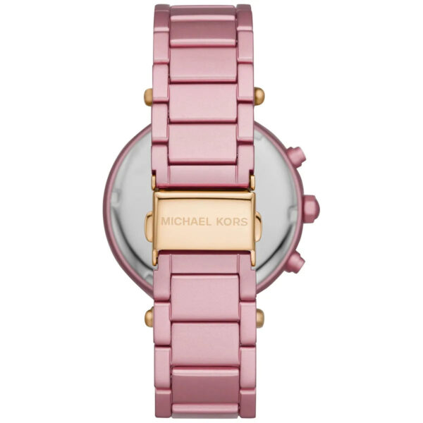 Michael Kors Parker watch caseback view showing pink metal band and gold-tone clasp
