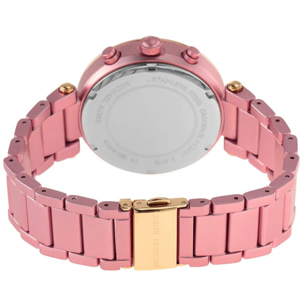 Michael Kors Parker watch transparent caseback displaying chronograph mechanism and band