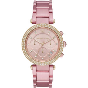 Michael Kors Parker pink chronograph watch with crystal-studded dial and pink metal band