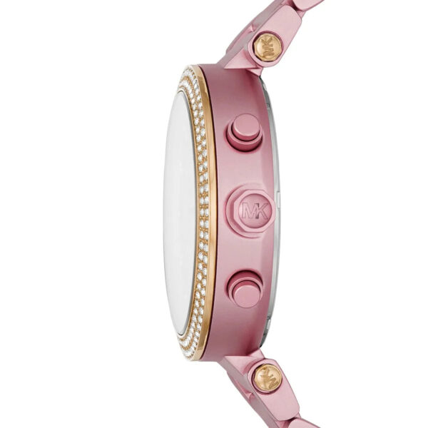 Michael Kors Parker watch side view showing crystal bezel and chronograph pushers