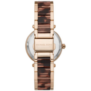 Back view of Michael Kors Parker watch with tortoiseshell acetate and rose gold bracelet