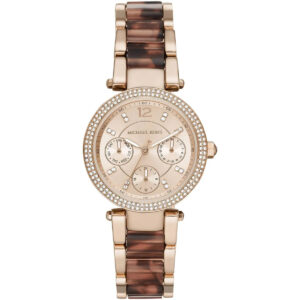 Michael Kors Parker rose gold women's watch with crystal bezel, multi-subdial dial, and tortoiseshell acetate strap