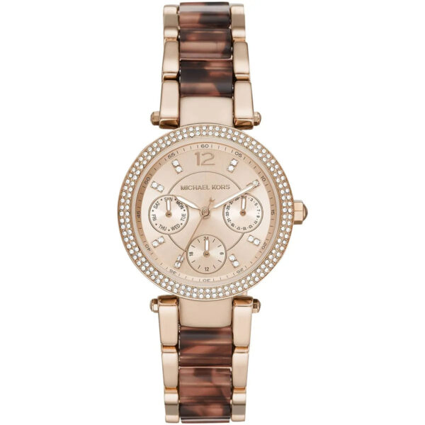Michael Kors Parker rose gold women's watch with crystal bezel, multi-subdial dial, and tortoiseshell acetate strap