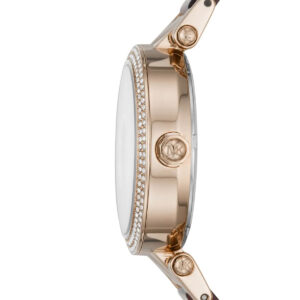 Side view of Michael Kors Parker watch showing crystal-set bezel and rose gold-tone case profile